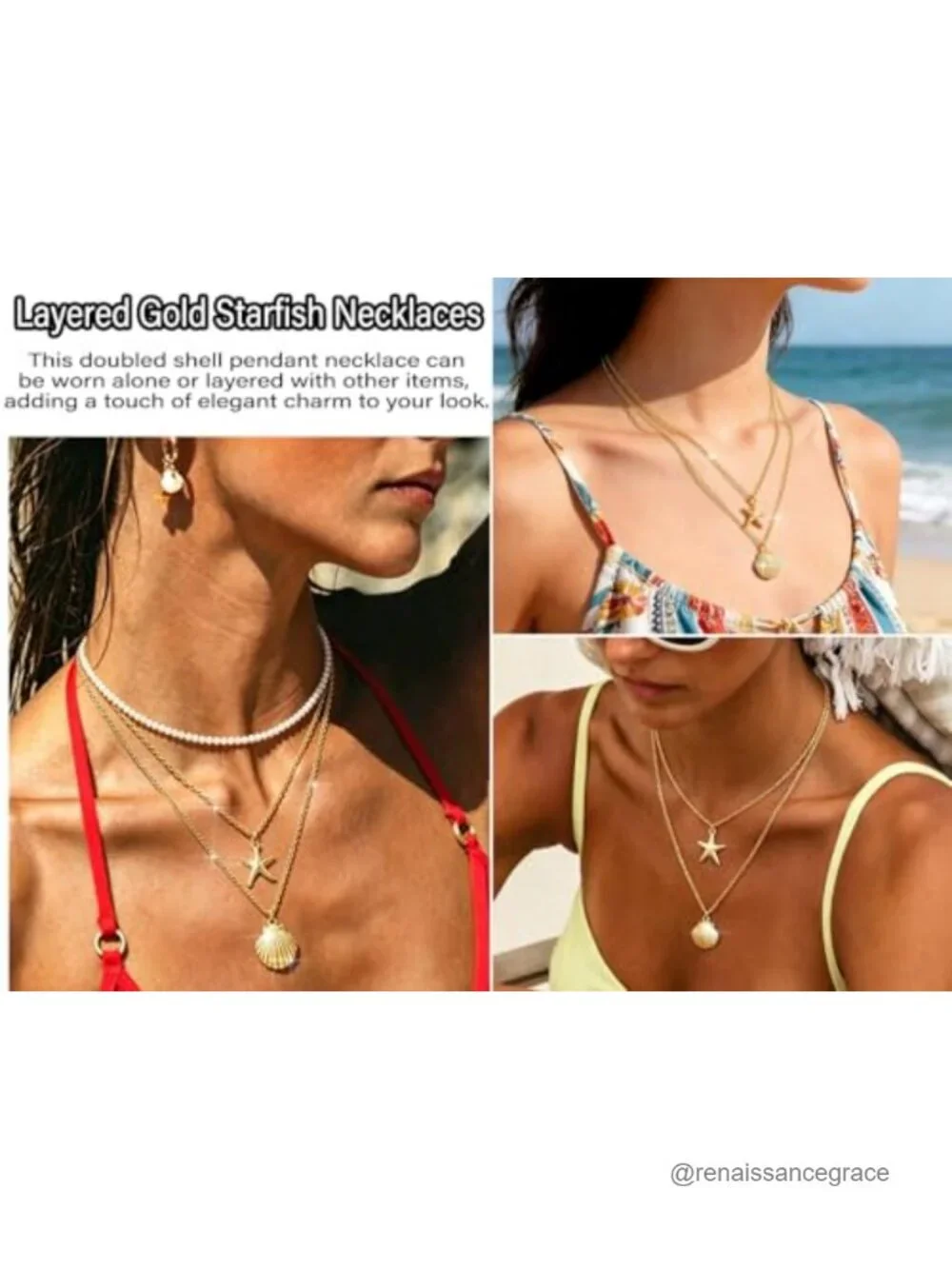Gold Plated Layered Boho Beach Necklace Starfish Shell Charm Women